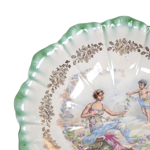 Vintage Dresden Porcelain Bowl: Woman and Angel Motif, Green & Gold Trim - Picture 5 of 7